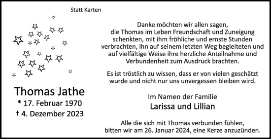 Traueranzeige von Thomas Jathe von Die Glocke