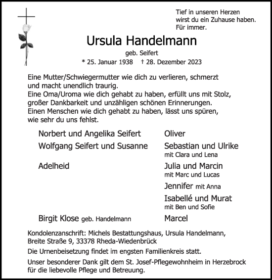 Traueranzeige von Ursula Handelmann von Die Glocke