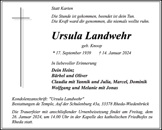 Traueranzeige von Ursula Landwehr von Die Glocke