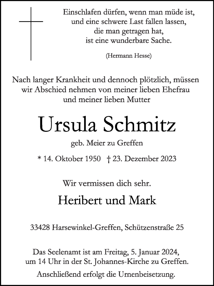  Traueranzeige für Ursula Schmitz vom 02.01.2024 aus Die Glocke