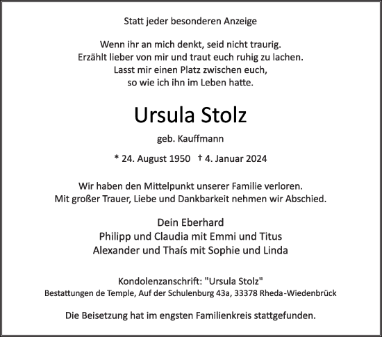 Traueranzeige von Ursula Stolz von Die Glocke