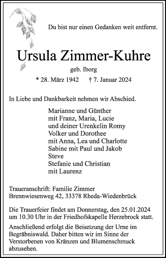 Traueranzeige von Ursula Zimmer-Kuhre von Die Glocke