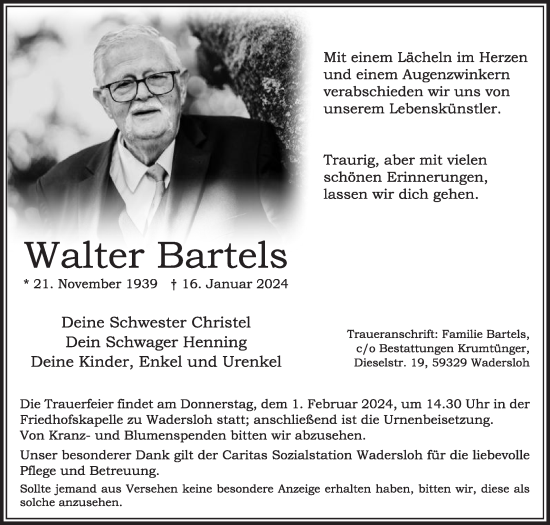 Traueranzeige von Walter Bartels von Die Glocke