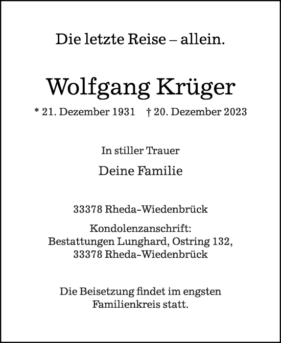 Traueranzeige von Wolfgang Krüger von Die Glocke