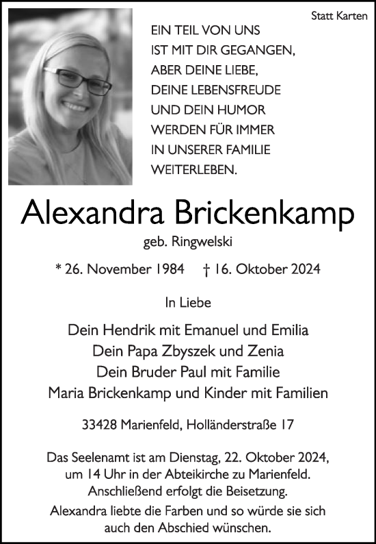 Traueranzeige von Alexandra Brickenkamp von Die Glocke