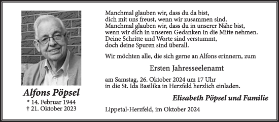 Traueranzeige von Alfons Pöpsel von Die Glocke