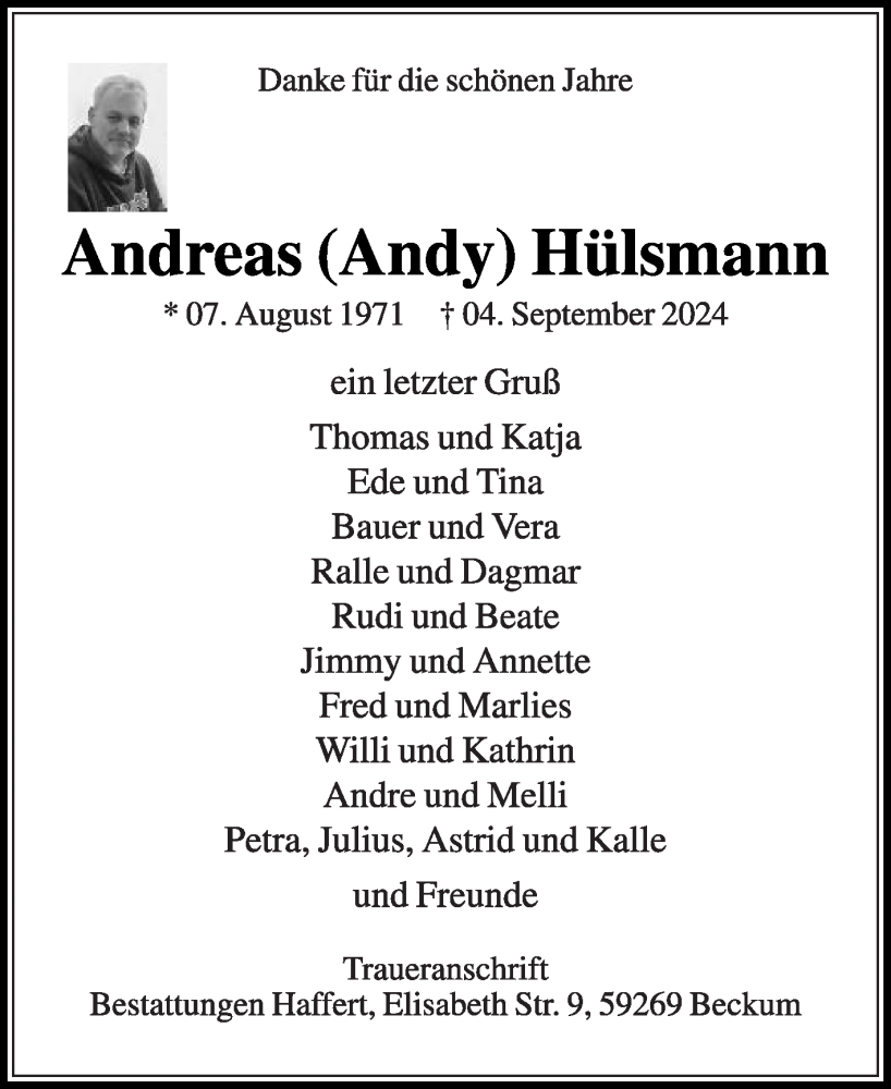  Traueranzeige für Andreas Hülsmann vom 05.10.2024 aus Die Glocke