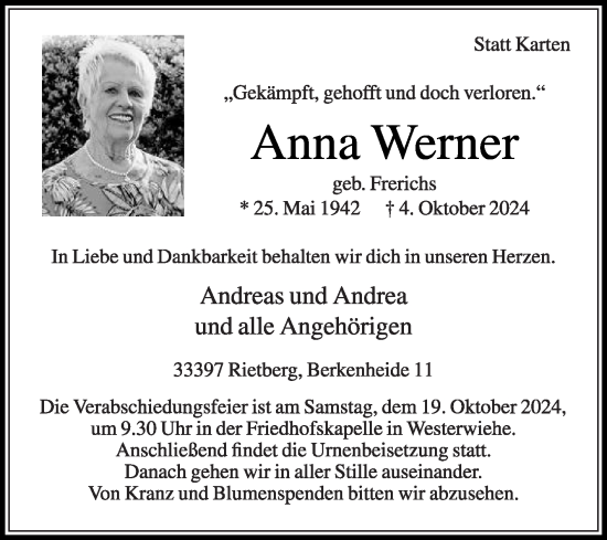 Traueranzeige von Anna Werner von Die Glocke