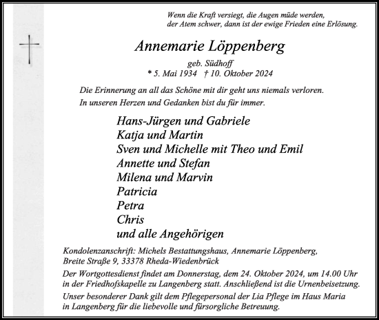 Traueranzeige von Annemarie Löppenberg von Die Glocke