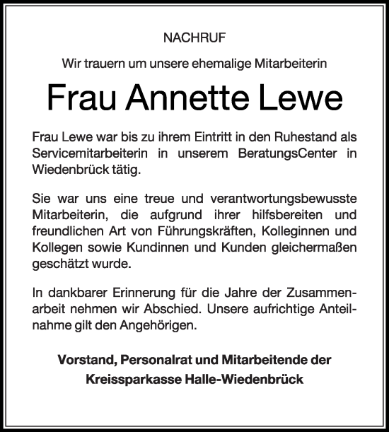 Traueranzeige von Annette Lewe von Die Glocke