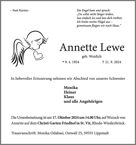 Traueranzeige von Annette Lewe von Die Glocke