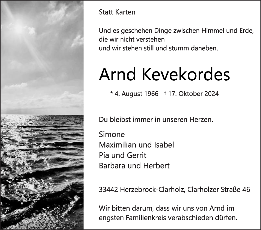  Traueranzeige für Arnd Kevekordes vom 21.10.2024 aus Die Glocke