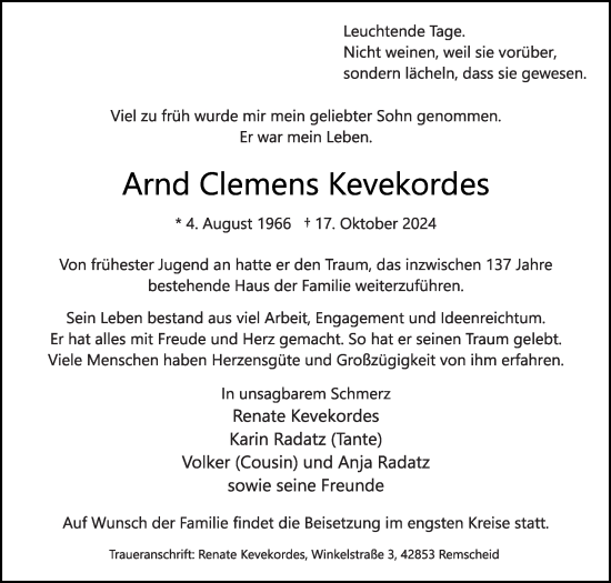 Traueranzeige von Arnd Clemens Kevekordes von Die Glocke