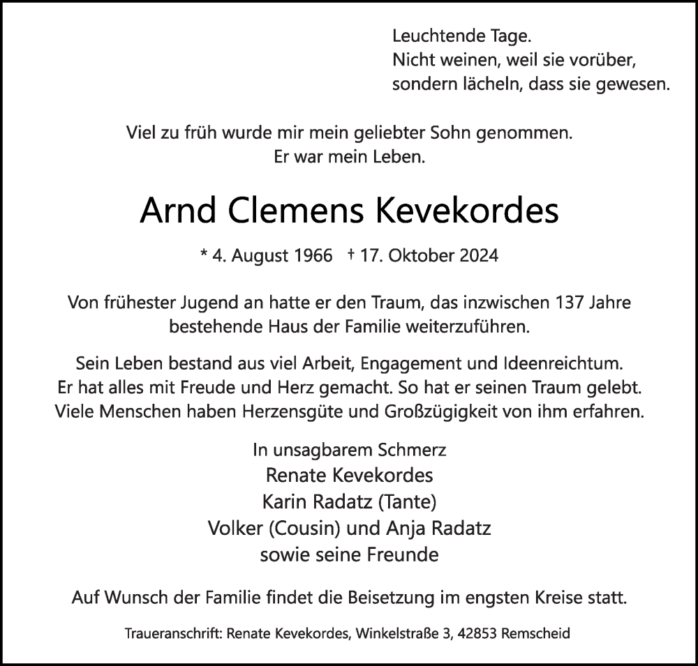  Traueranzeige für Arnd Clemens Kevekordes vom 23.10.2024 aus Die Glocke