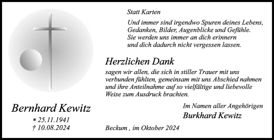 Traueranzeige von Bernhard Kewitz von Die Glocke