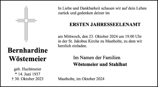 Traueranzeige von Bernhardine Wöstemeier von Die Glocke