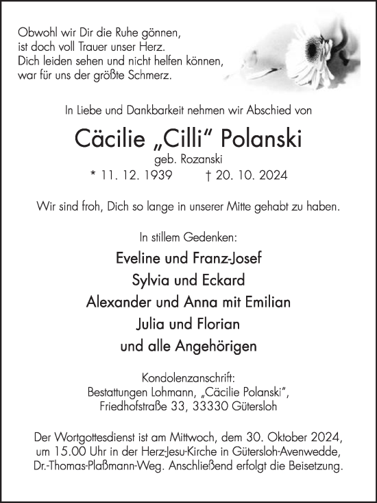 Traueranzeige von Cäcilie Polanski von Die Glocke