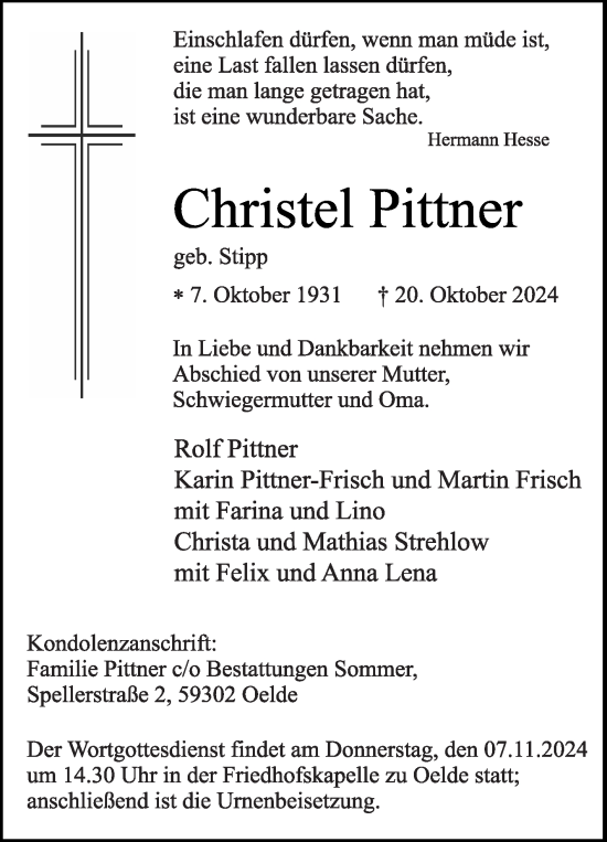 Traueranzeige von Christel Pittner von Die Glocke