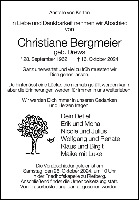 Traueranzeige von Christiane Bergmeier von Die Glocke