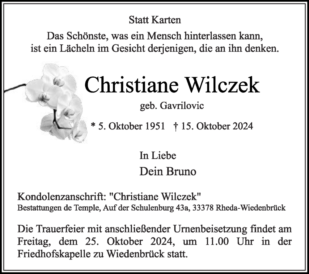  Traueranzeige für Christiane Wilczek vom 19.10.2024 aus Die Glocke