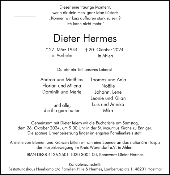 Traueranzeige von Dieter Hermes von Die Glocke