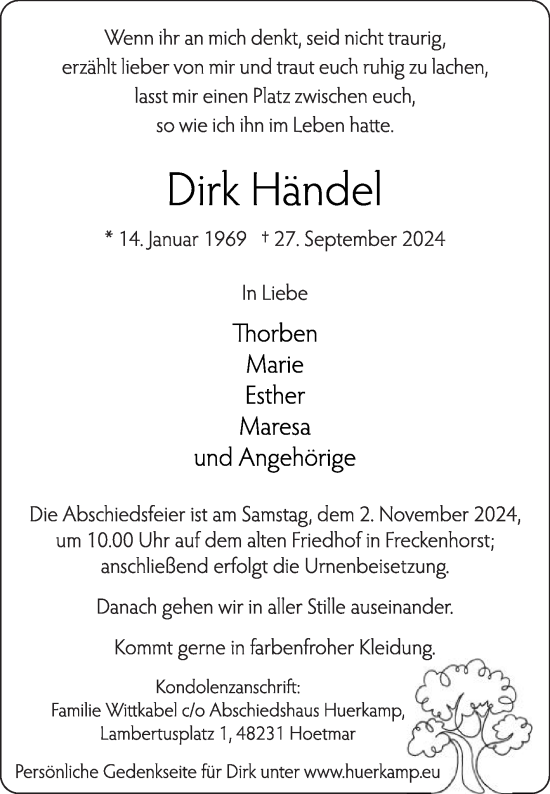 Traueranzeige von Dirk Händel von Die Glocke