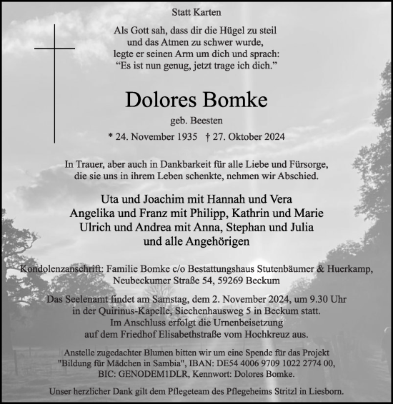 Traueranzeige von Dolores Bomke von Die Glocke