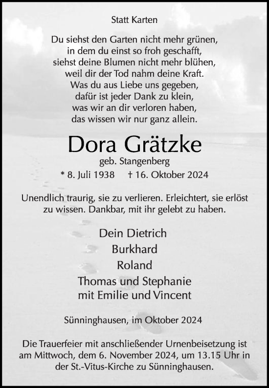 Traueranzeige von Dora Grätzke von Die Glocke