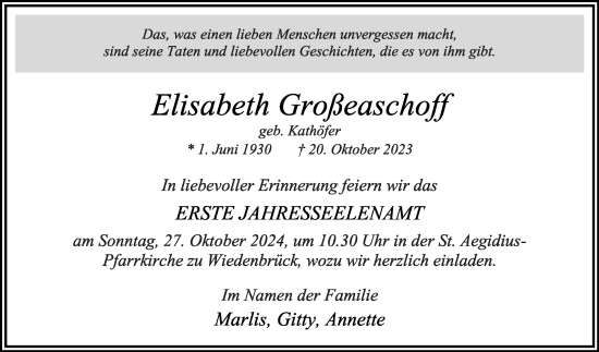 Traueranzeige von Elisabeth Großeaschoff von Die Glocke