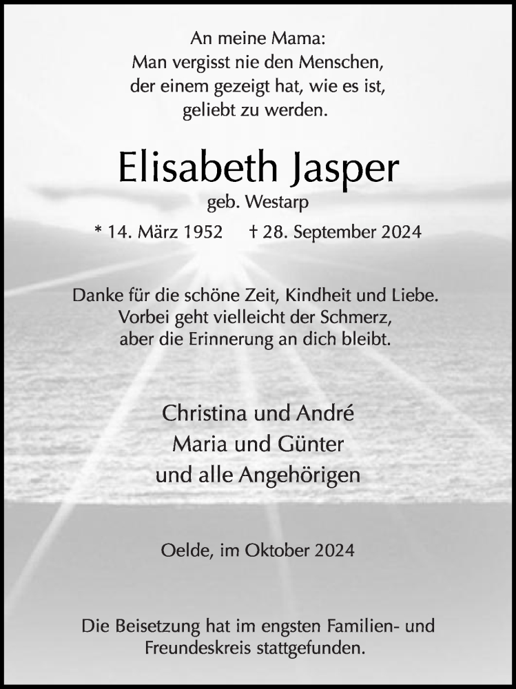  Traueranzeige für Elisabeth Jasper vom 12.10.2024 aus Die Glocke