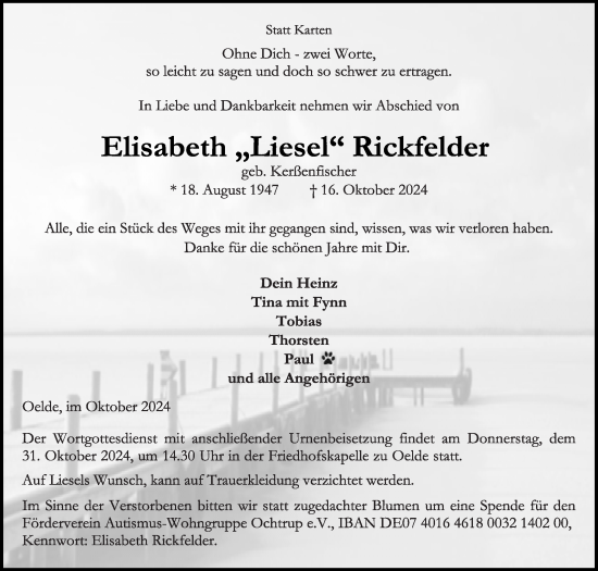 Traueranzeige von Elisabeth Rickfelder von Die Glocke