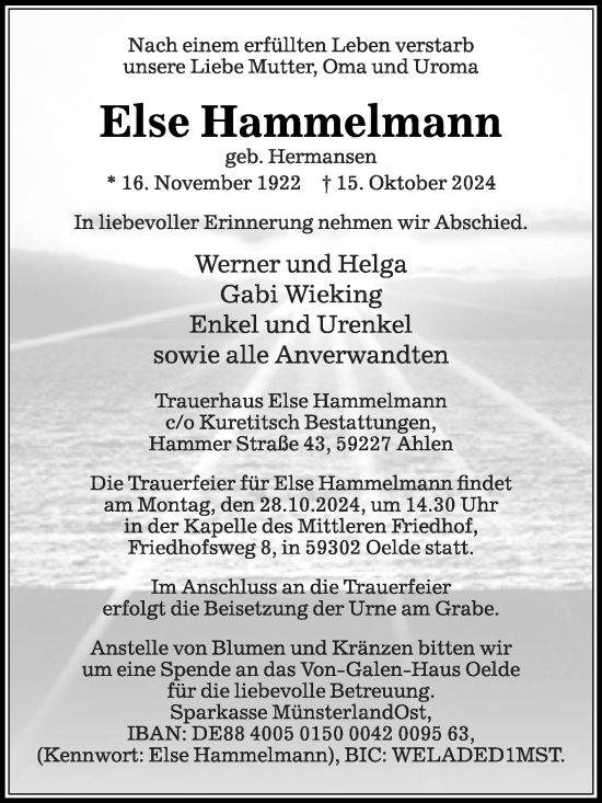 Traueranzeige von Else Hammelmann von Die Glocke