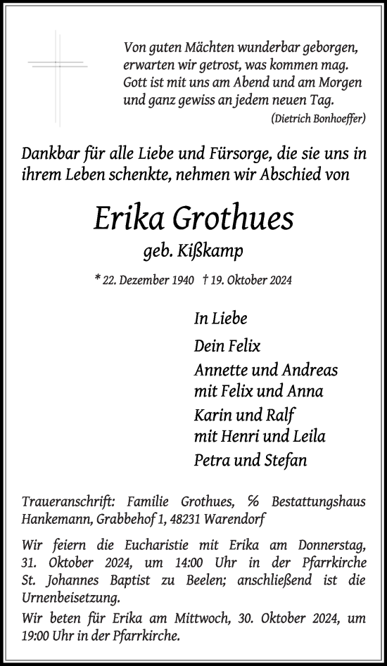 Traueranzeige von Erika Grothues von Die Glocke