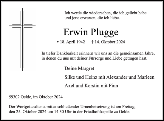 Traueranzeige von Erwin Plugge von Die Glocke