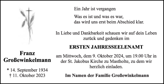 Traueranzeige von Franz Großewinkelmann von Die Glocke