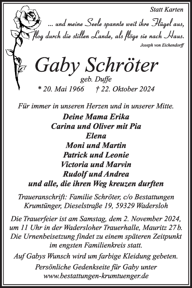  Traueranzeige für Gaby Schröter vom 26.10.2024 aus Die Glocke