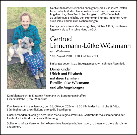 Traueranzeige von Gertrud Linnemann-Lütke Wöstmann von Die Glocke