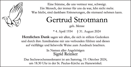 Traueranzeige von Gertrud Strotmann von Die Glocke