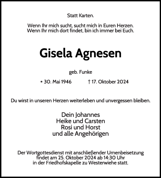 Traueranzeige von Gisela Agnesen von Die Glocke