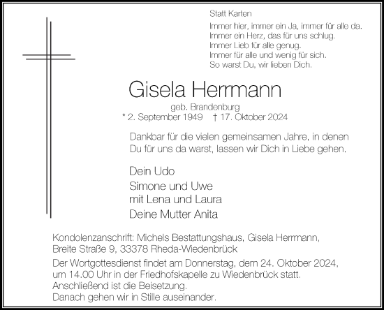 Traueranzeige von Gisela Herrmann von Die Glocke