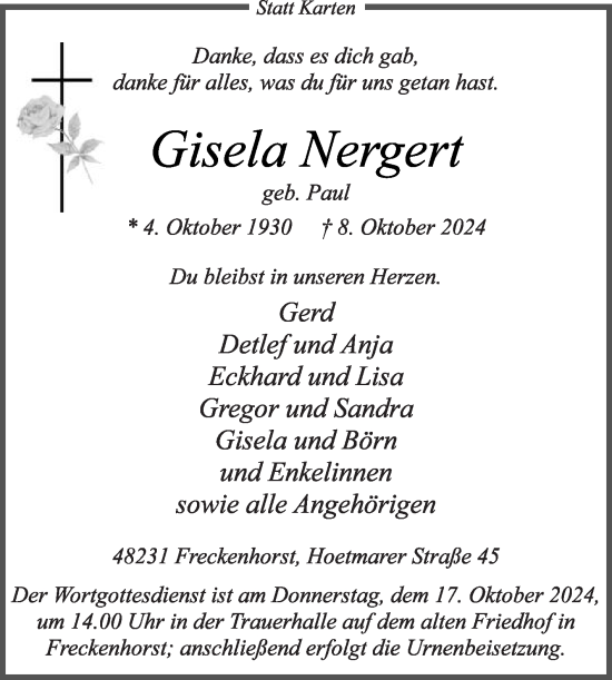 Traueranzeige von Gisela Nergert von Die Glocke