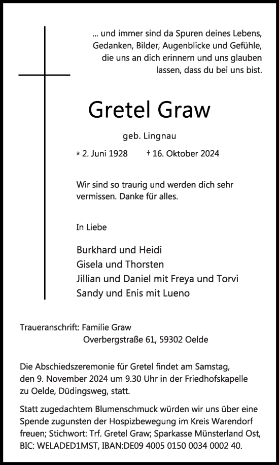 Traueranzeige von Gretel Graw von Die Glocke