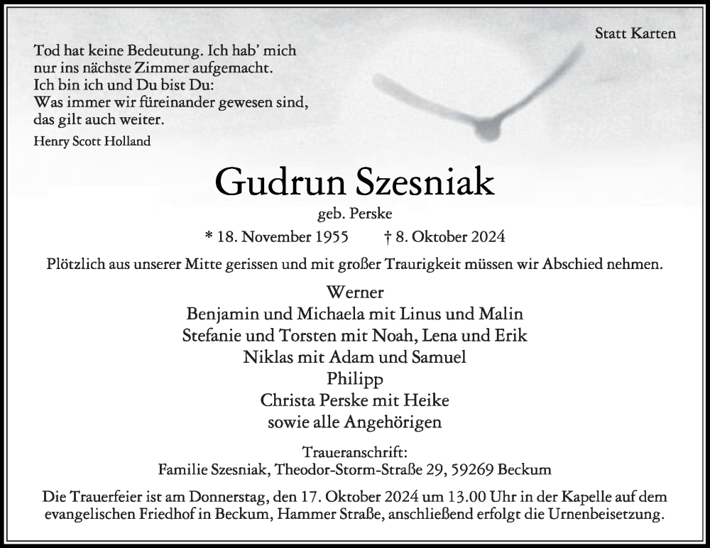  Traueranzeige für Gudrun Szesniak vom 12.10.2024 aus Die Glocke