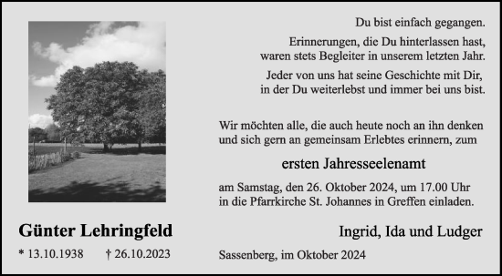 Traueranzeige von Günter Lehringfeld von Die Glocke