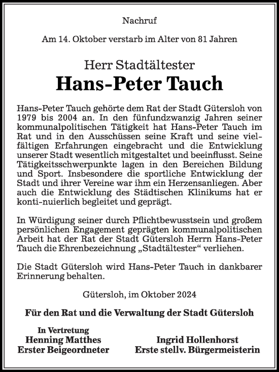 Traueranzeige von Hans-Peter Tauch von Die Glocke