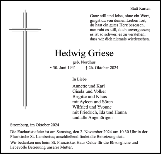 Traueranzeige von Hedwig Griese von Die Glocke