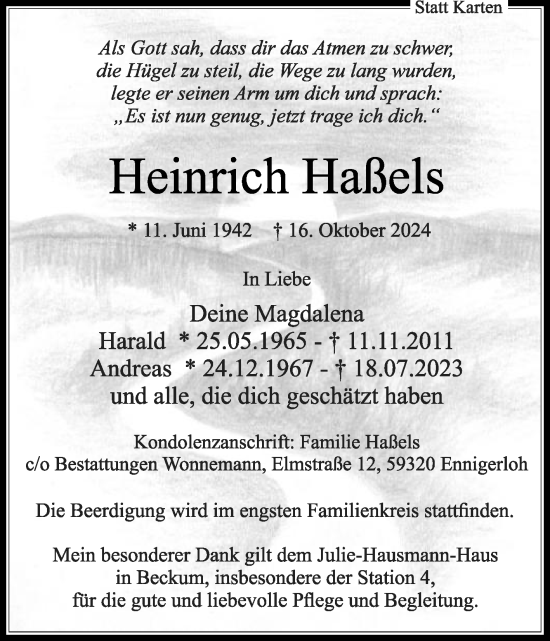 Traueranzeige von Heinrich Haßels von Die Glocke