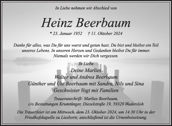 Traueranzeige von Heinz Beerbaum von Die Glocke