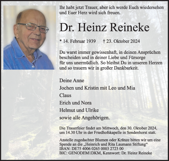 Traueranzeige von Heinz Reineke von Die Glocke