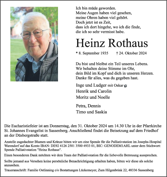 Traueranzeige von Heinz Rothaus von Die Glocke